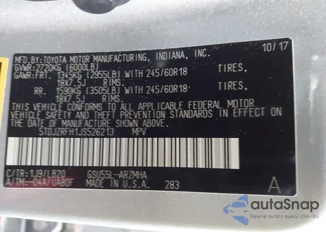 2018 Toyota Highlander Xle из США, поврежденный, VIN 5TDJZRFH1JS526213